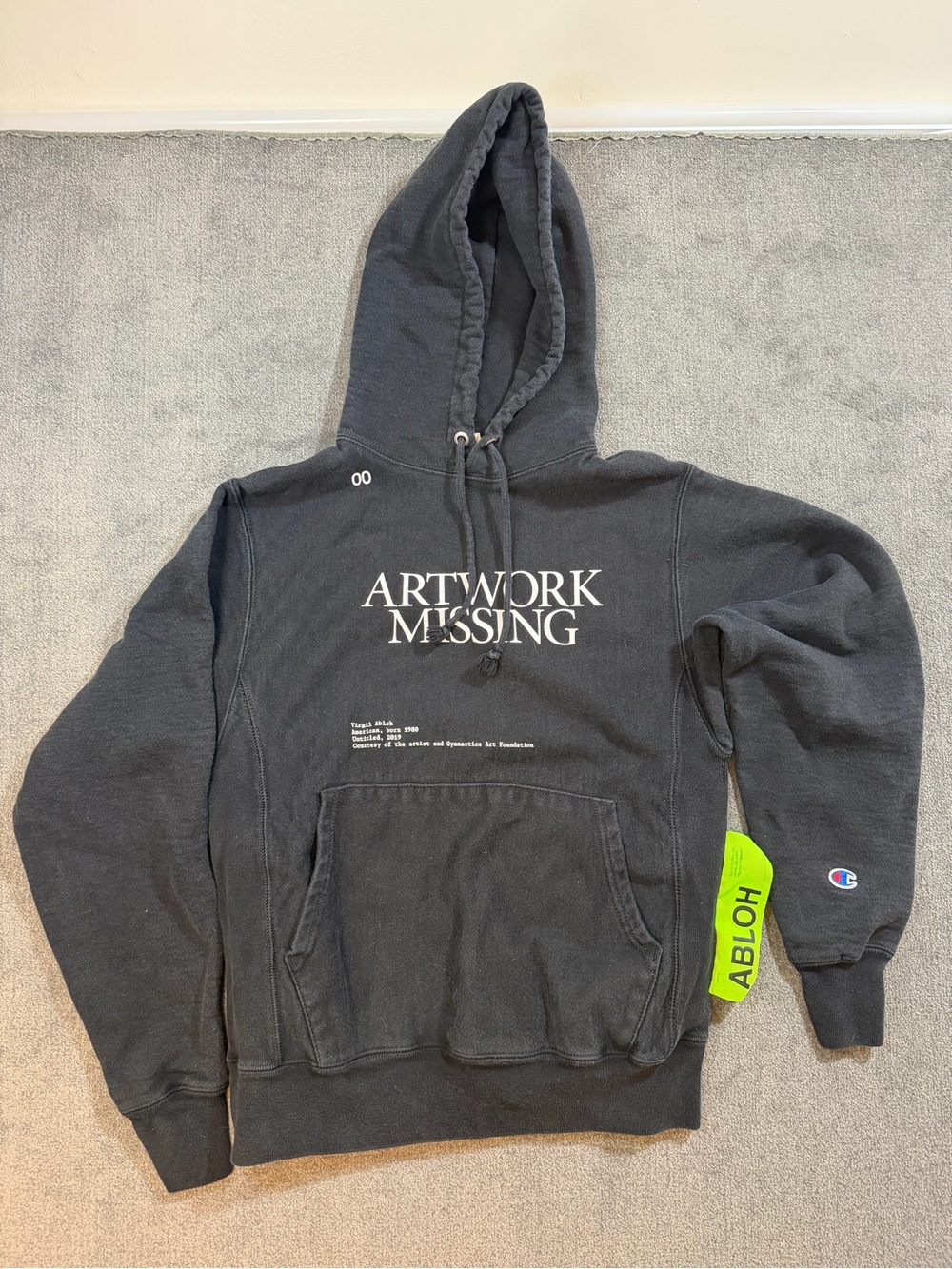 Off-White Virgil Abloh ICA Boston Artwork Missing Champion Hoodie Black Small